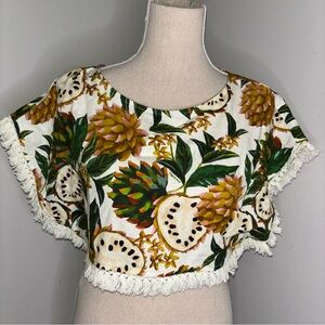 Farm Rio NEW cropped fringed woven top tropical fruit print green & cream Small